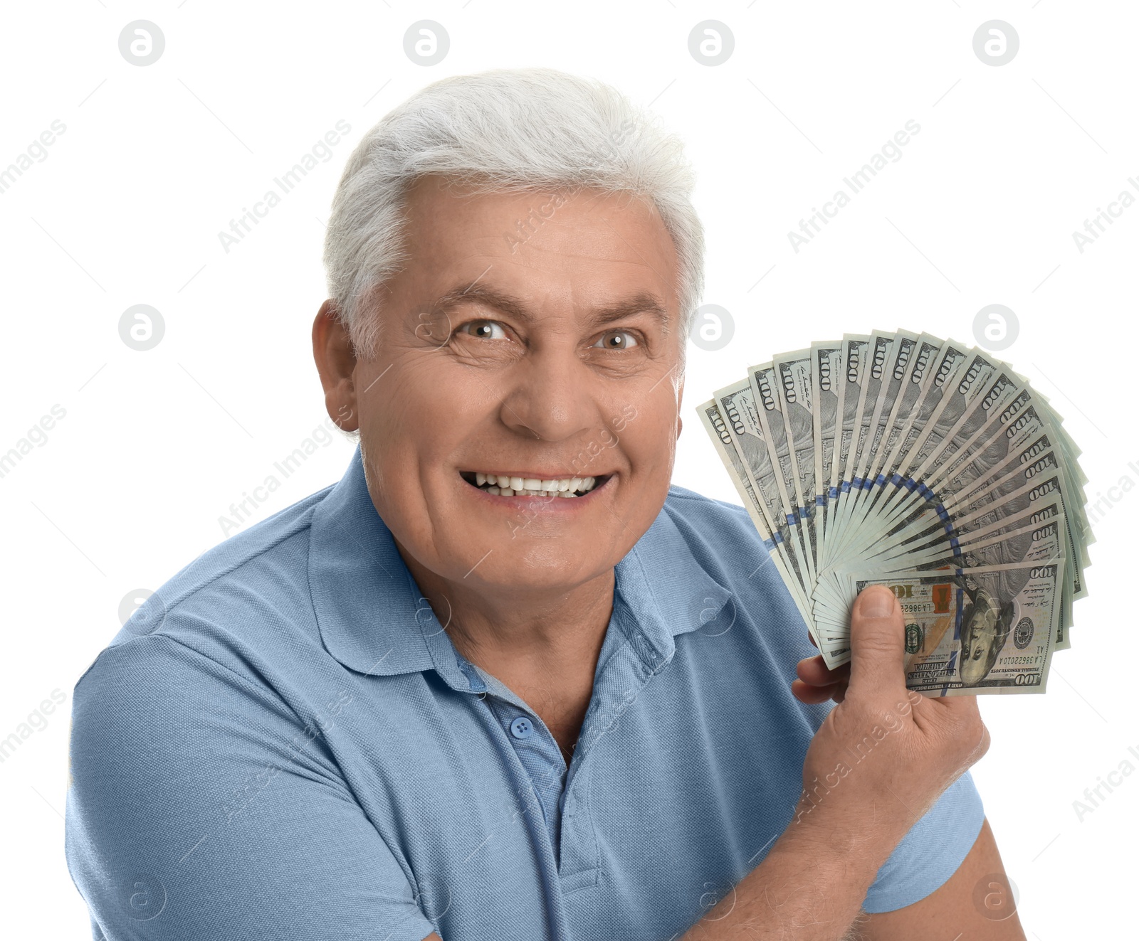 Photo of Emotional senior man with cash money on white background