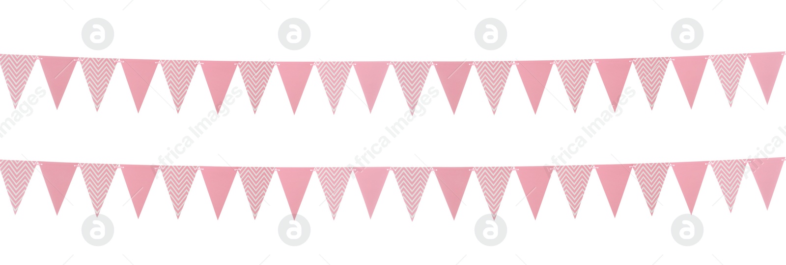 Image of Pink triangular bunting flags on white background, banner design. Festive decor