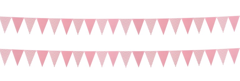 Pink triangular bunting flags on white background, banner design. Festive decor