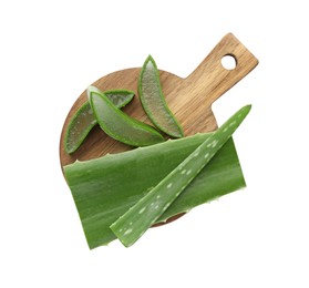 Photo of Board with fresh aloe vera pieces isolated on white, top view