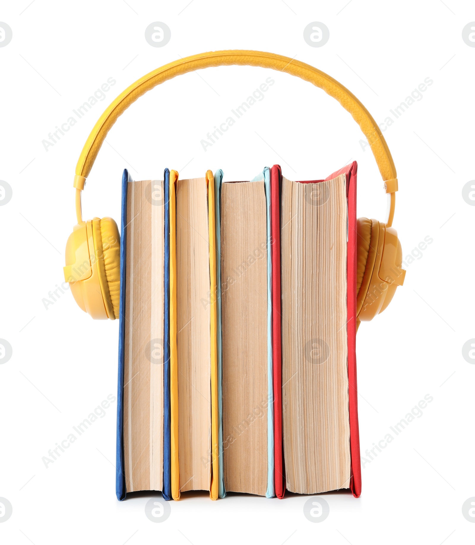 Photo of Books with modern headphones isolated on white