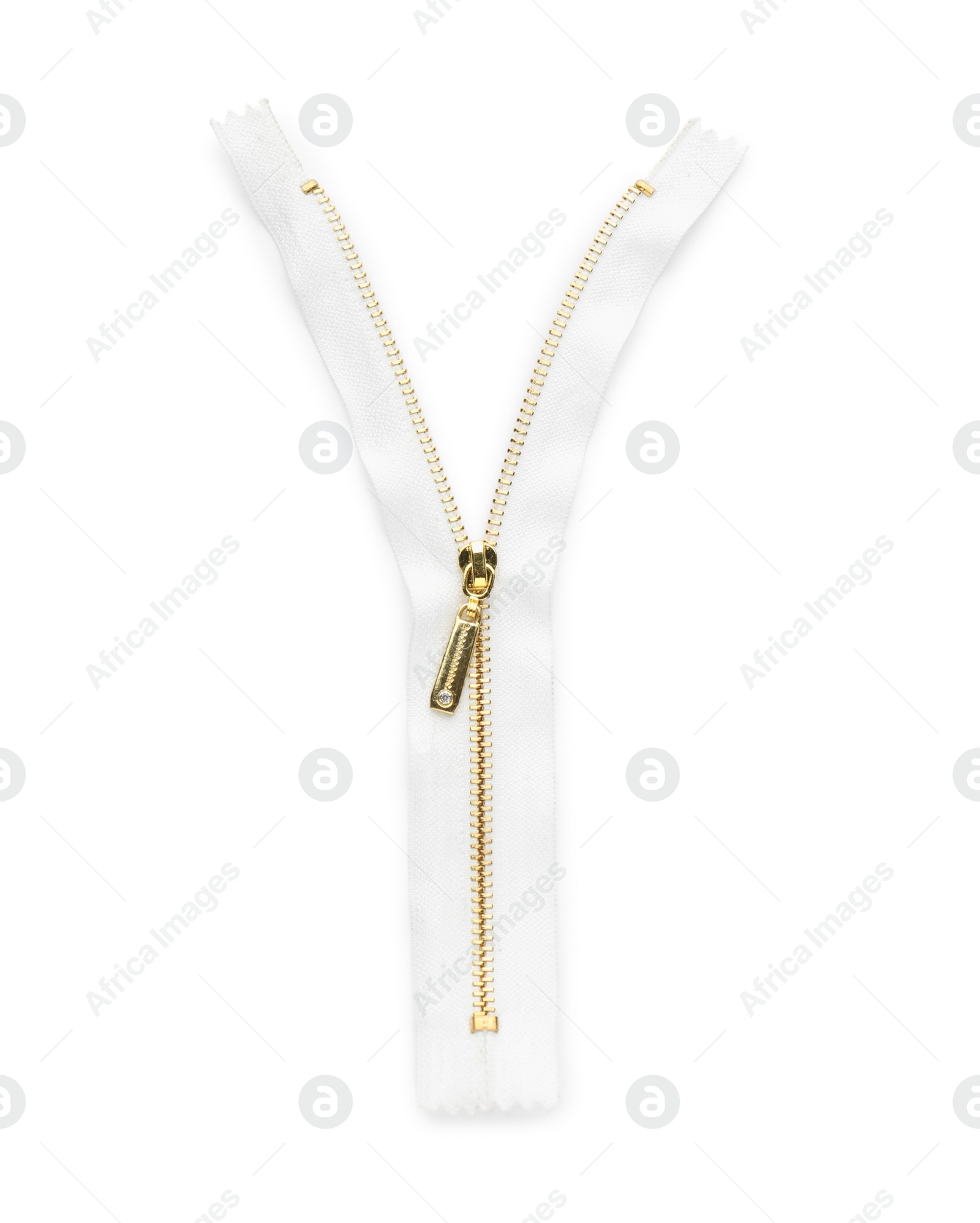 Photo of Golden zipper isolated on white, top view