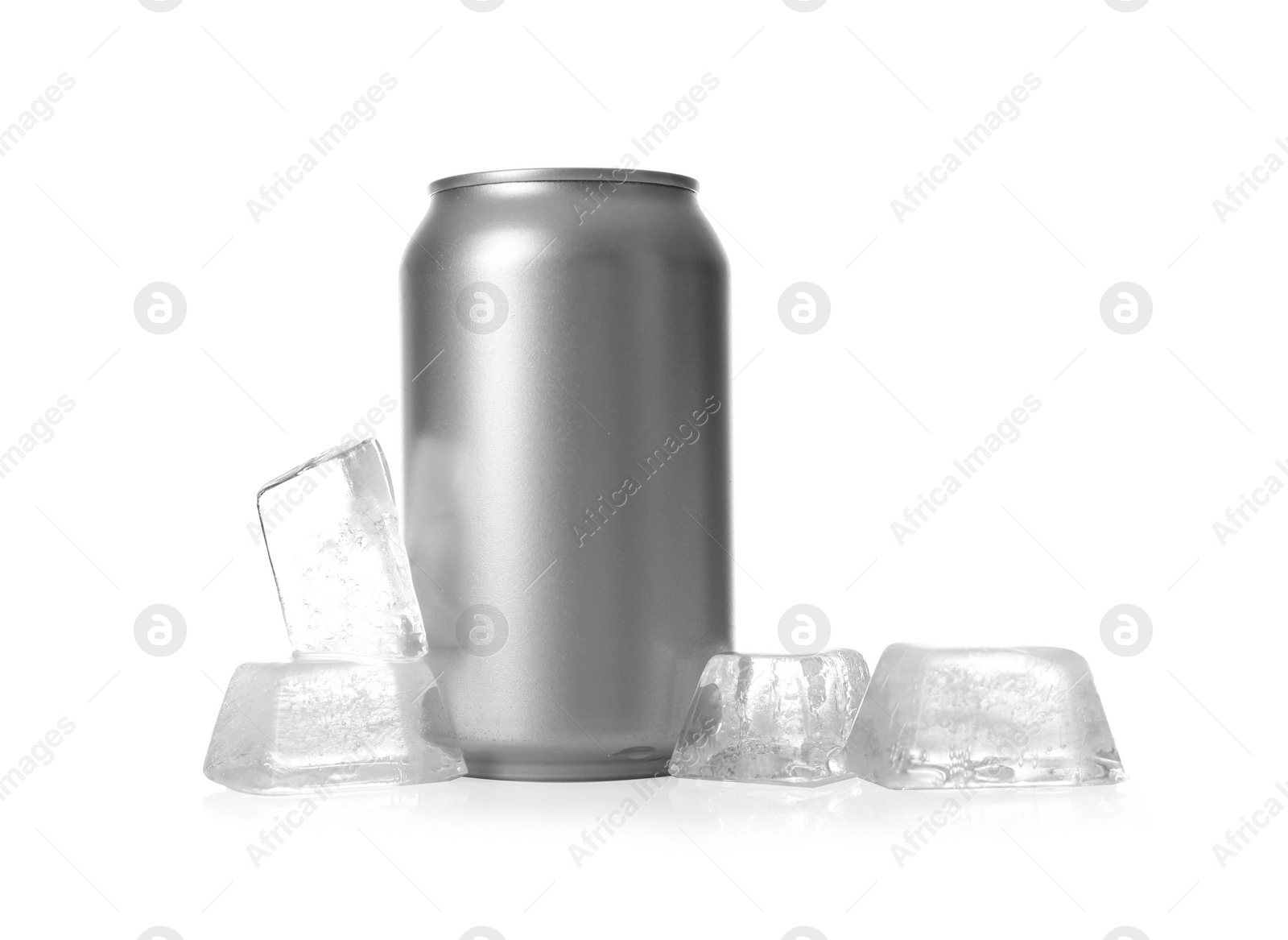 Photo of Tin can and ice cubes on white background