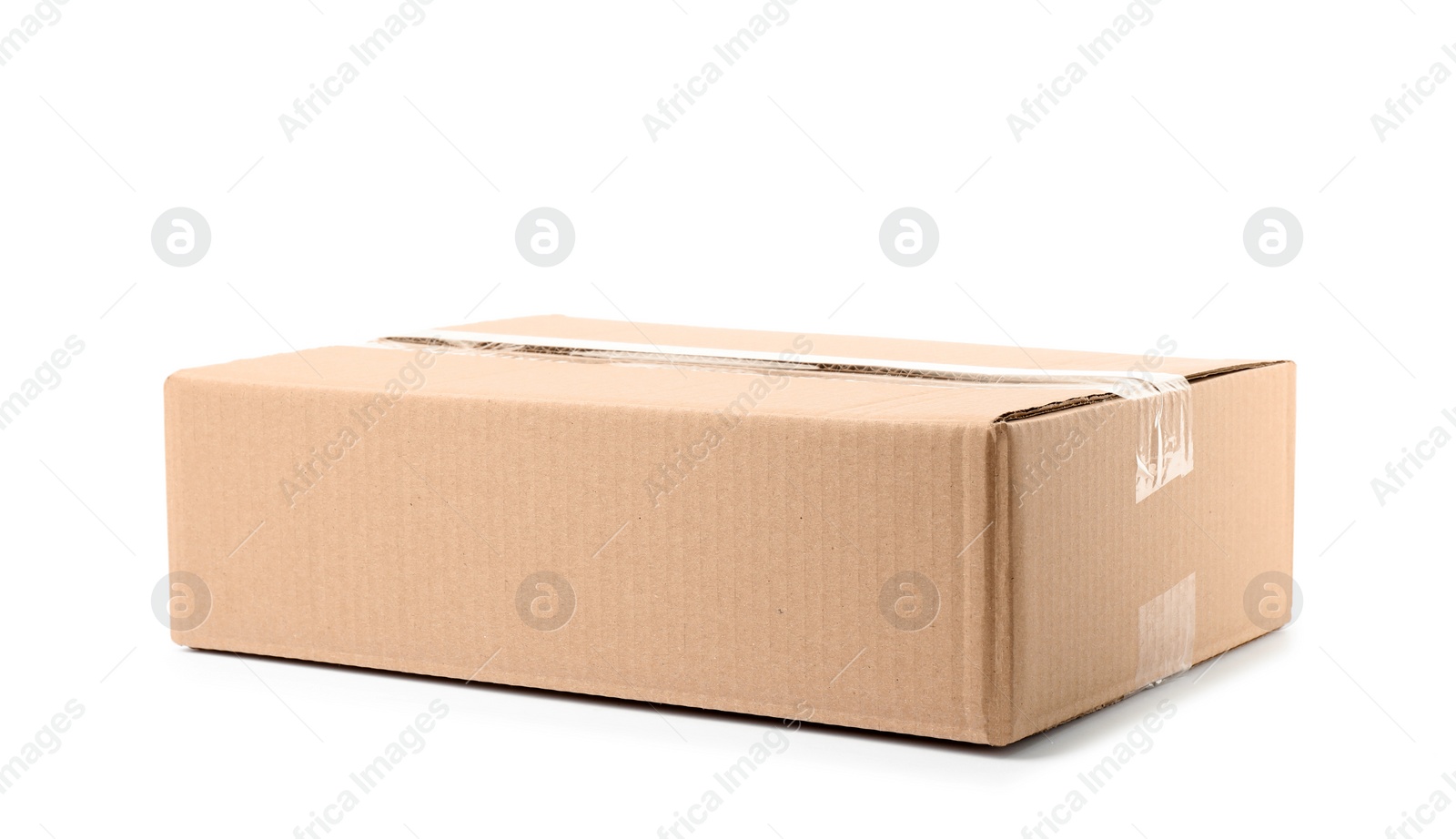 Photo of Closed cardboard box on white background. Mockup for design