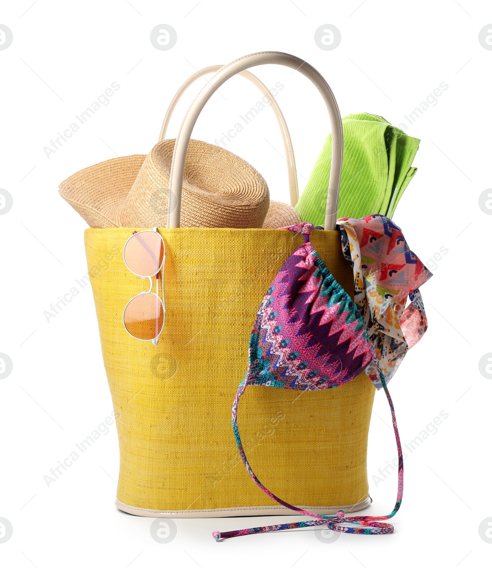 Photo of Different stylish beach accessories on white background