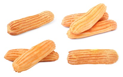 Image of Collage with tasty eclairs on white background