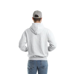 Young man in sweater isolated on white. Mock up for design