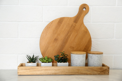 Wooden board near jars and houseplants on countertop in modern kitchen