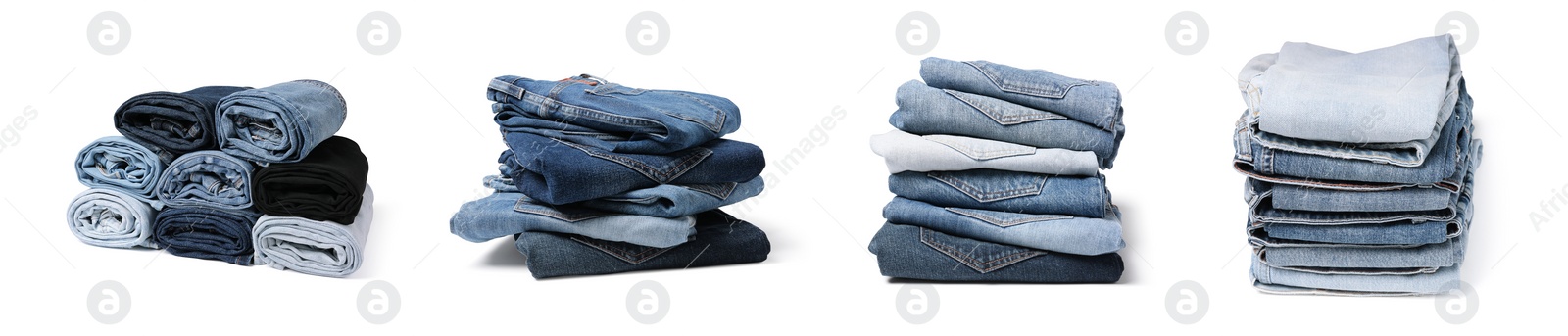 Image of Set with folded and rolled different jeans on white background