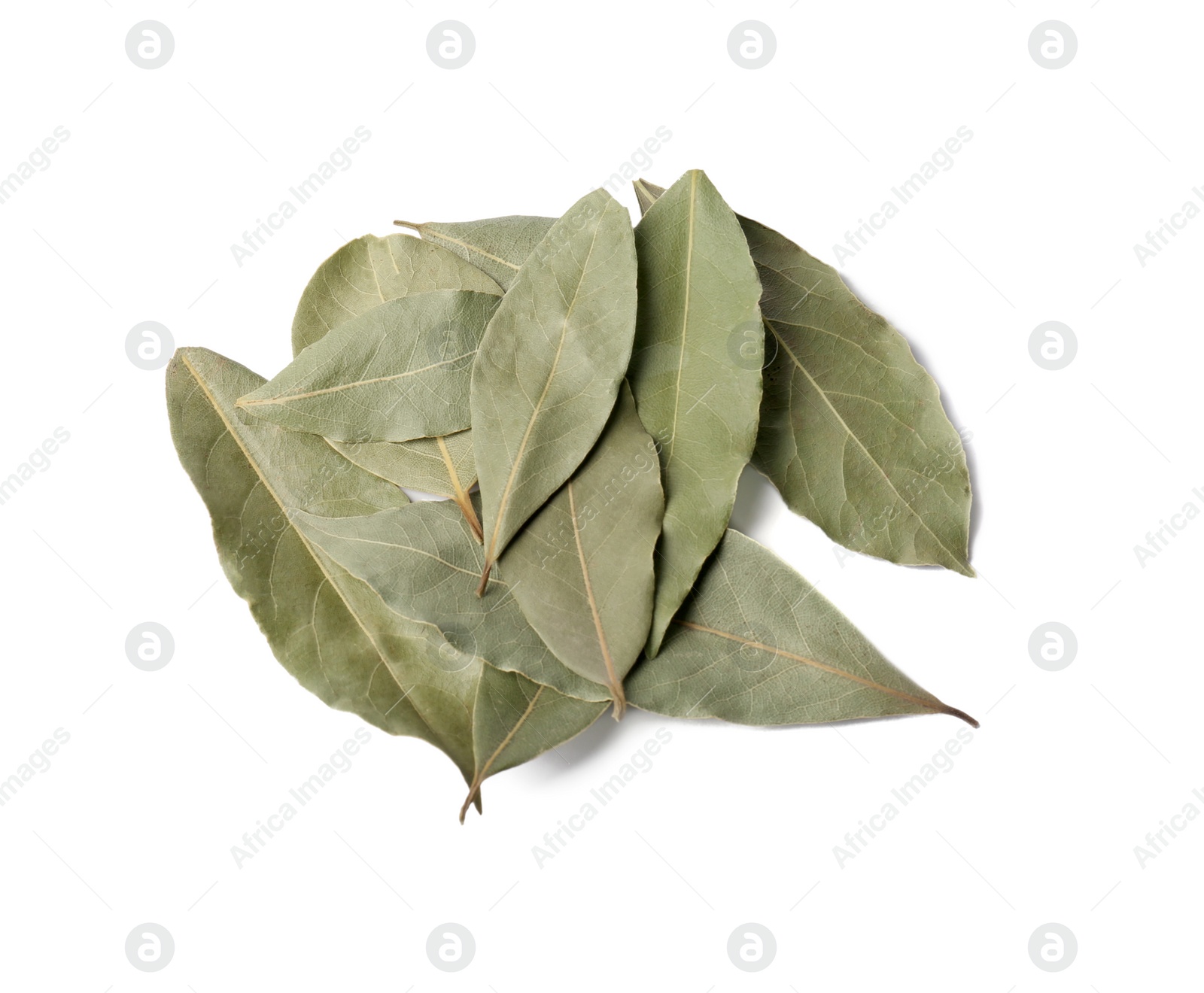 Photo of Pile of aromatic bay leaves on white background, top view