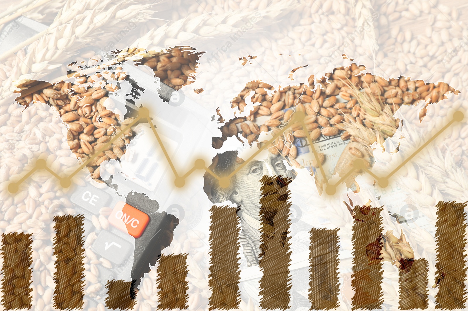 Image of Grain prices. Ears of wheat, seeds, money, world map and graph, multiple exposure