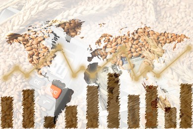 Image of Grain prices. Ears of wheat, seeds, money, world map and graph, multiple exposure