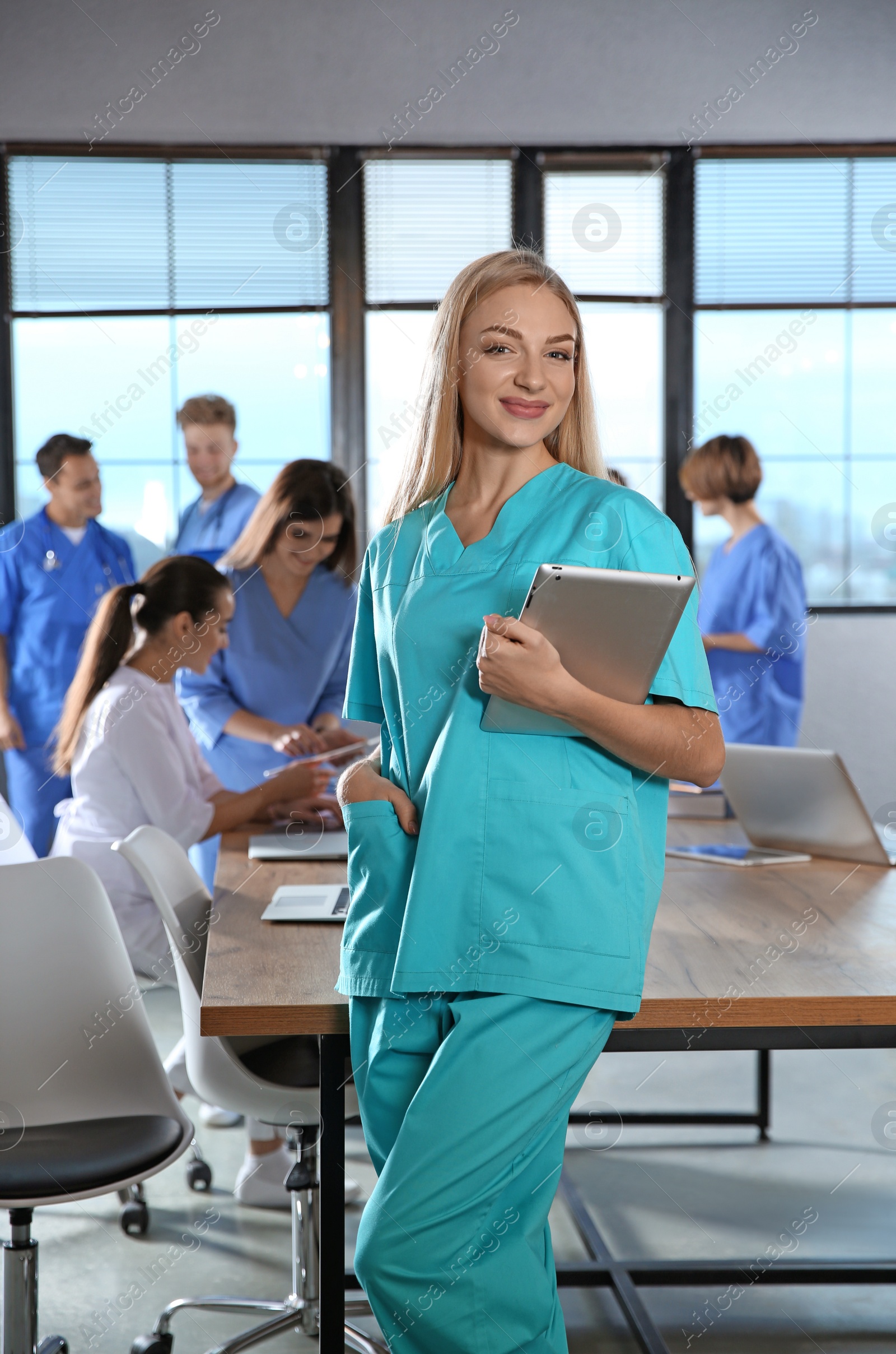 Photo of Smart medical student with her classmates in college