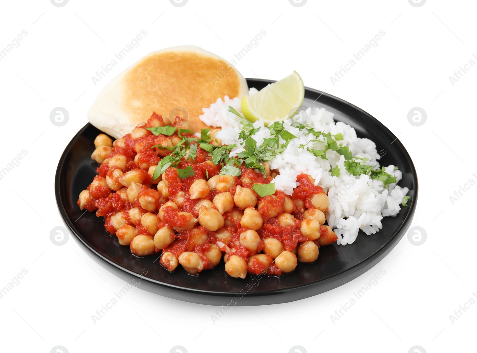 Photo of Delicious chickpea curry with rice isolated on white