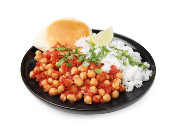 Photo of Delicious chickpea curry with rice isolated on white