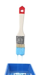 Brush with light blue paint isolated on white