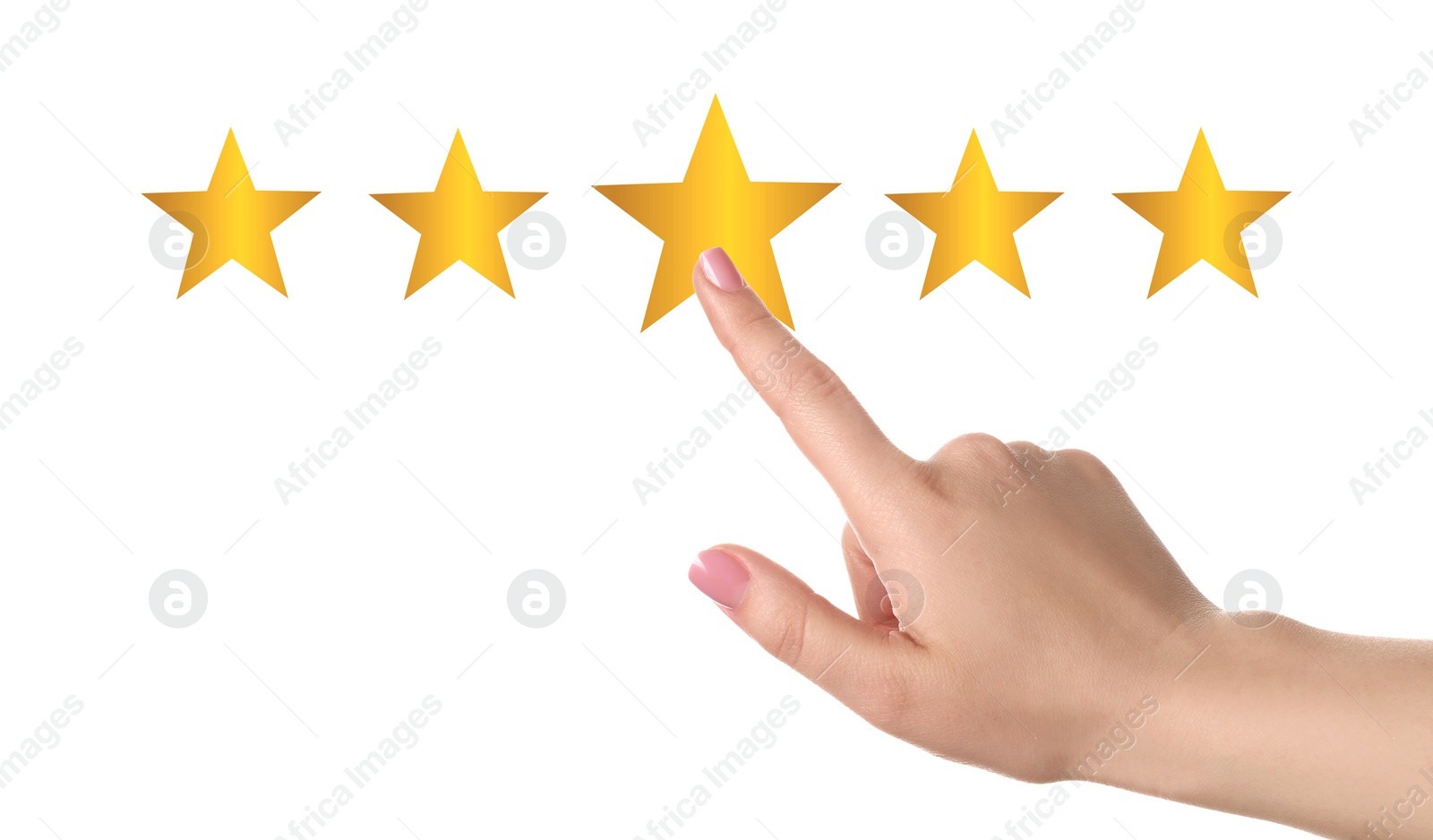 Image of Quality evaluation. Woman touching virtual golden stars on white background, closeup