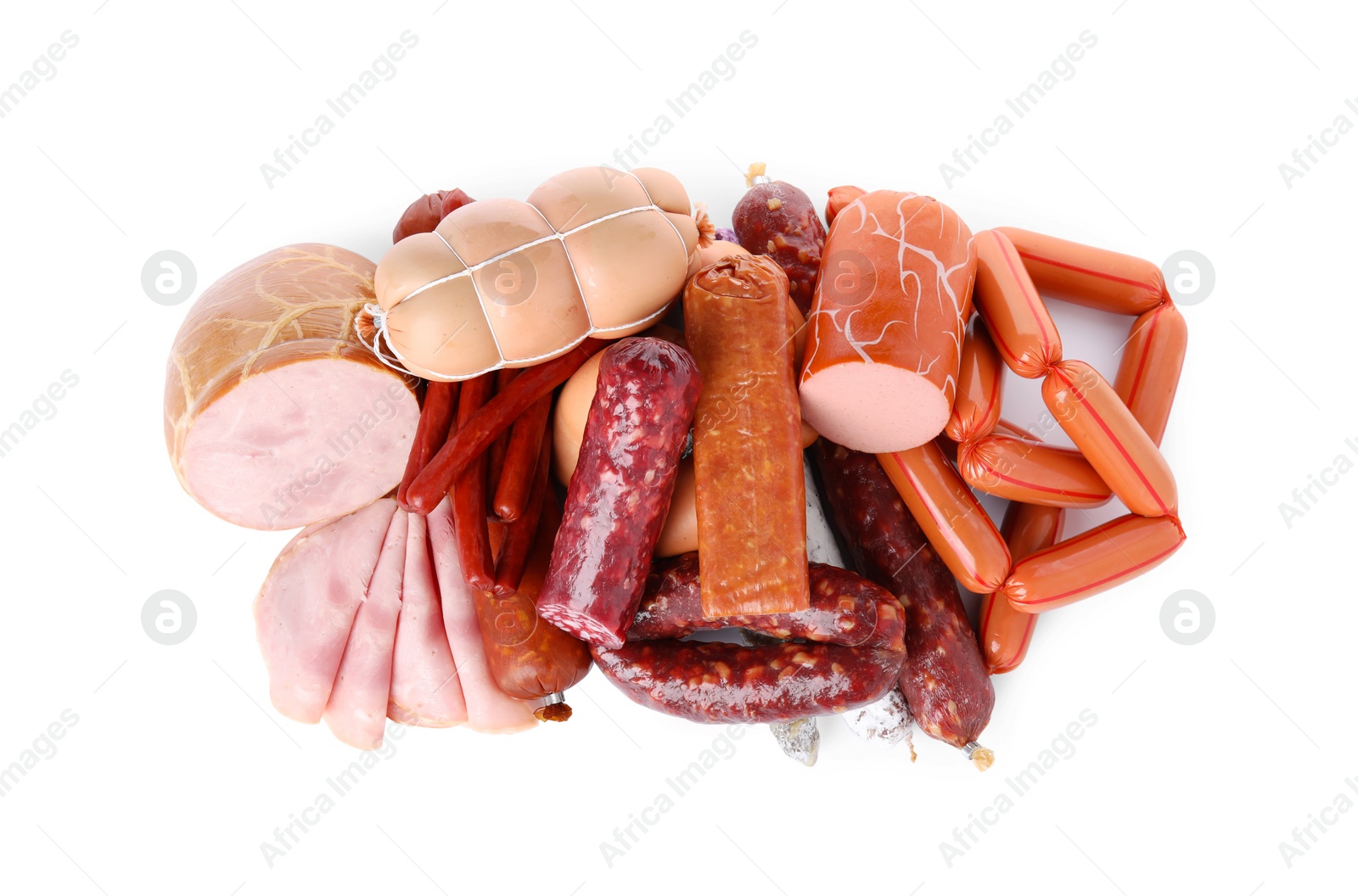 Photo of Different types of sausages isolated on white, top view