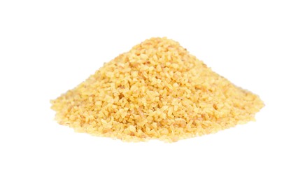 Photo of Pile of uncooked bulgur isolated on white