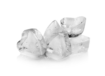 Heart shaped ice cubes on white background