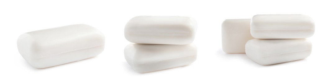 Image of Set with soap bars on white background. Banner design