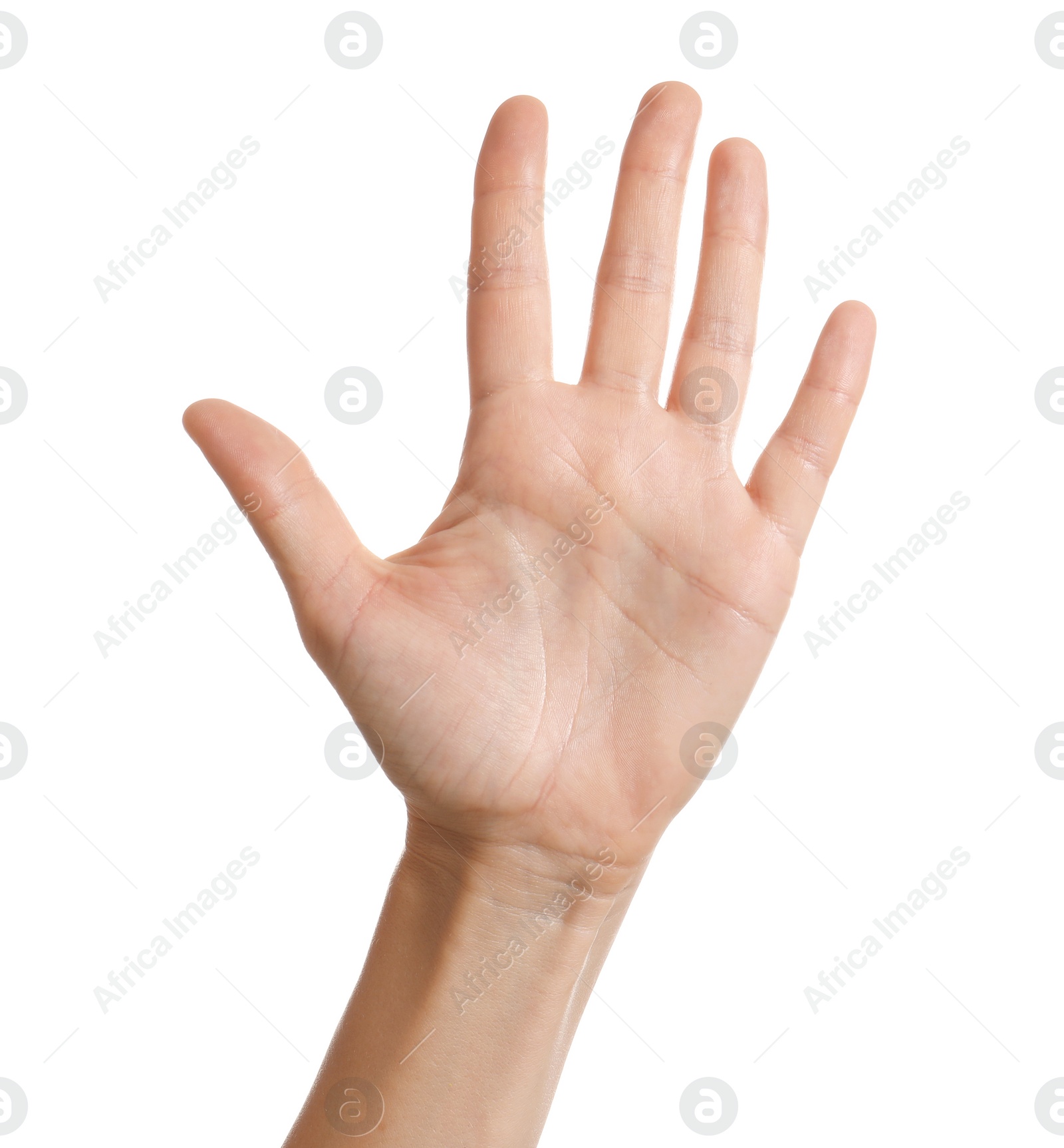 Photo of Woman showing hand on white background, closeup