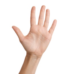 Photo of Woman showing hand on white background, closeup