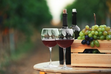 Photo of Bottles and glasses of red wine with fresh grapes on wooden table in vineyard