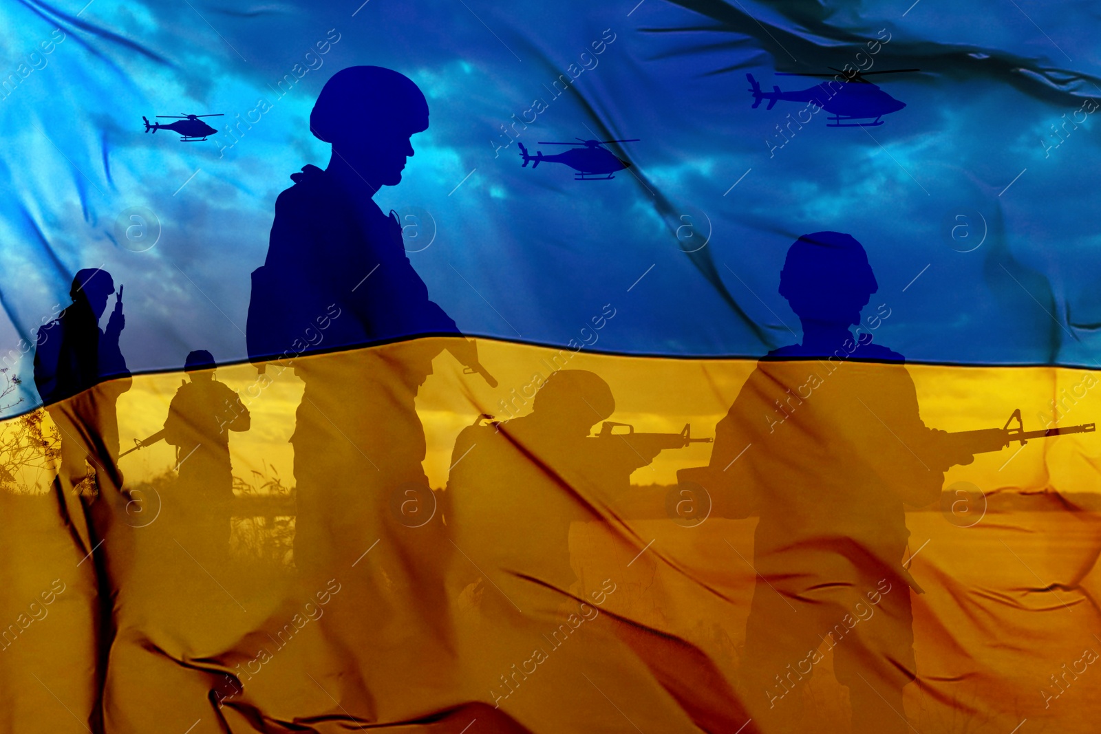 Image of Silhouettes of soldiers with assault rifles and Ukrainian national flag, double exposure