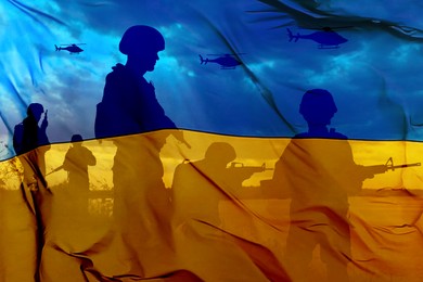 Silhouettes of soldiers with assault rifles and Ukrainian national flag, double exposure