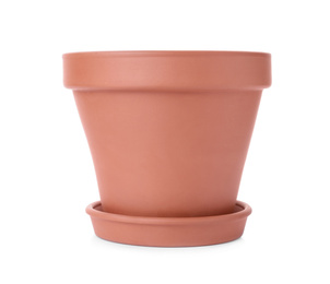 Photo of Stylish terracotta flower pot with saucer isolated on white