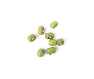 Photo of Green mung beans on white background, top view. Organic grains