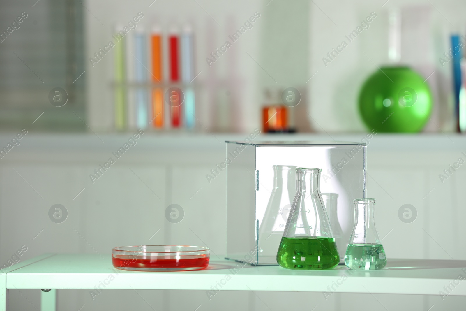 Photo of Laboratory analysis. Glass flasks and Petri dish with liquids on white table indoors. Space for text