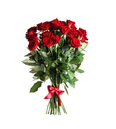 Bouquet of beautiful red roses on white background