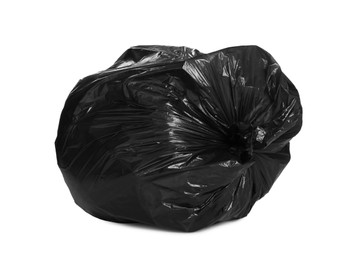 Black trash bag filled with garbage isolated on white