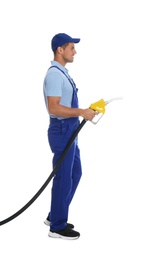 Gas station worker with fuel nozzle on white background