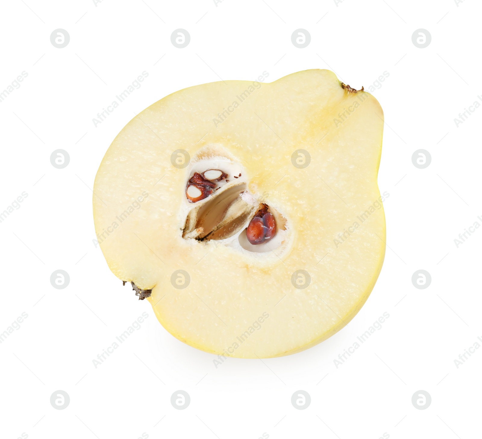 Photo of Half of fresh ripe quince isolated on white, top view