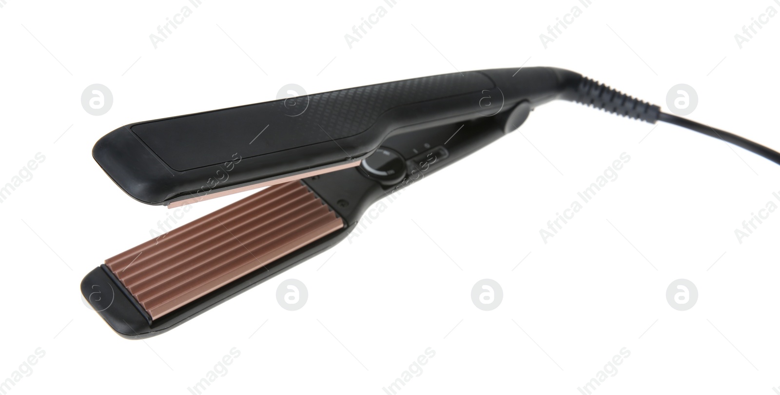 Photo of Flat iron with zigzag plate isolated on white. Hair styling device