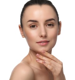 Portrait of beautiful young woman on white background