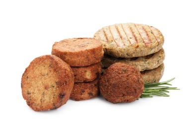 Photo of Many delicious vegan meat products and rosemary isolated on white