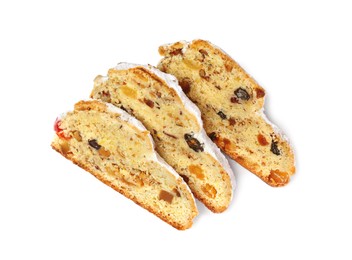 Traditional Christmas Stollen with icing sugar on white background, top view
