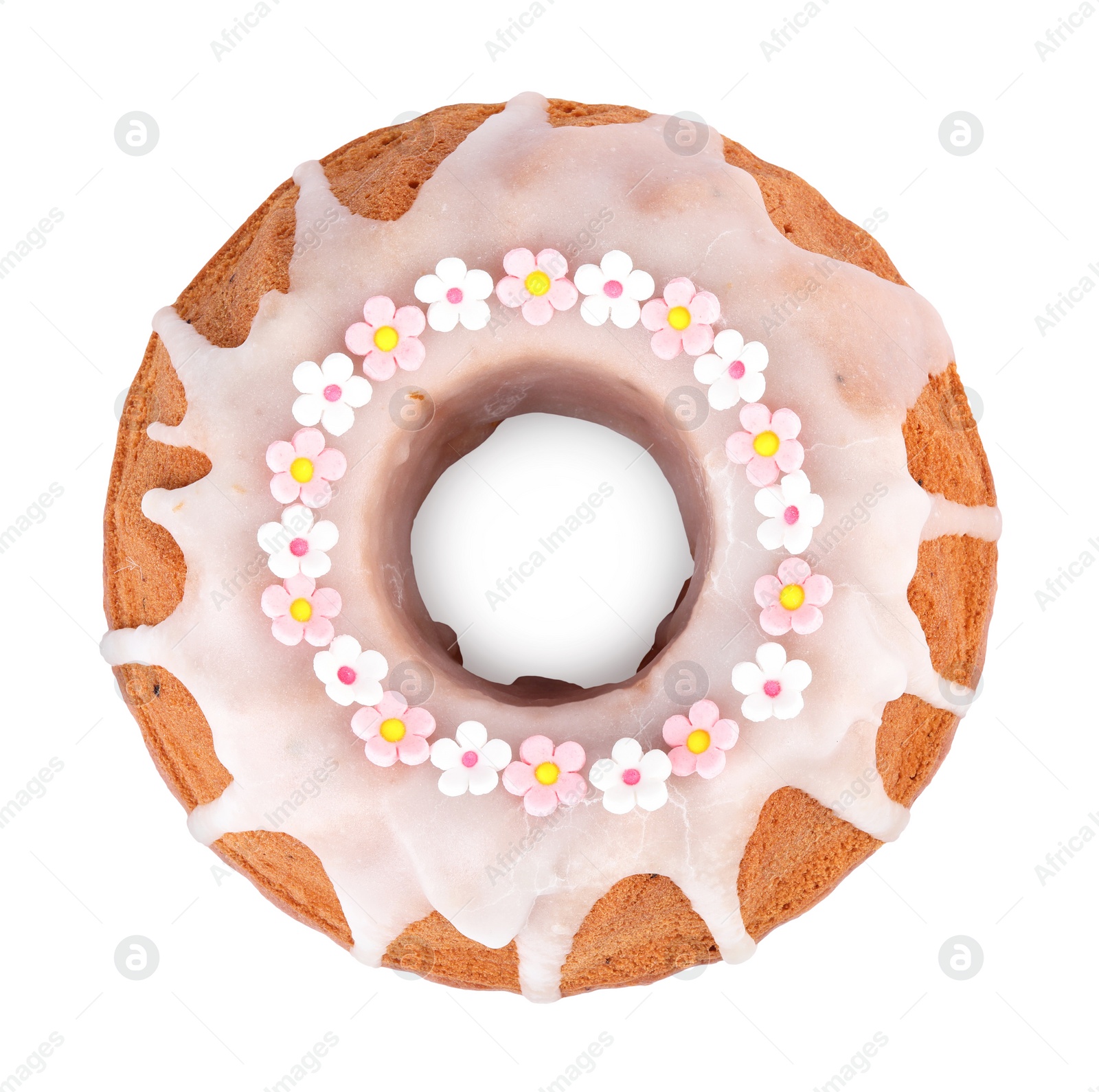 Photo of Festively decorated Easter cake on white background, top view