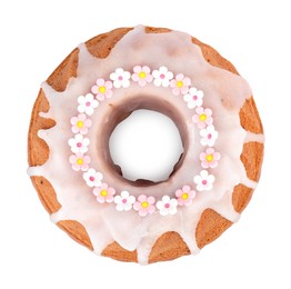 Festively decorated Easter cake on white background, top view