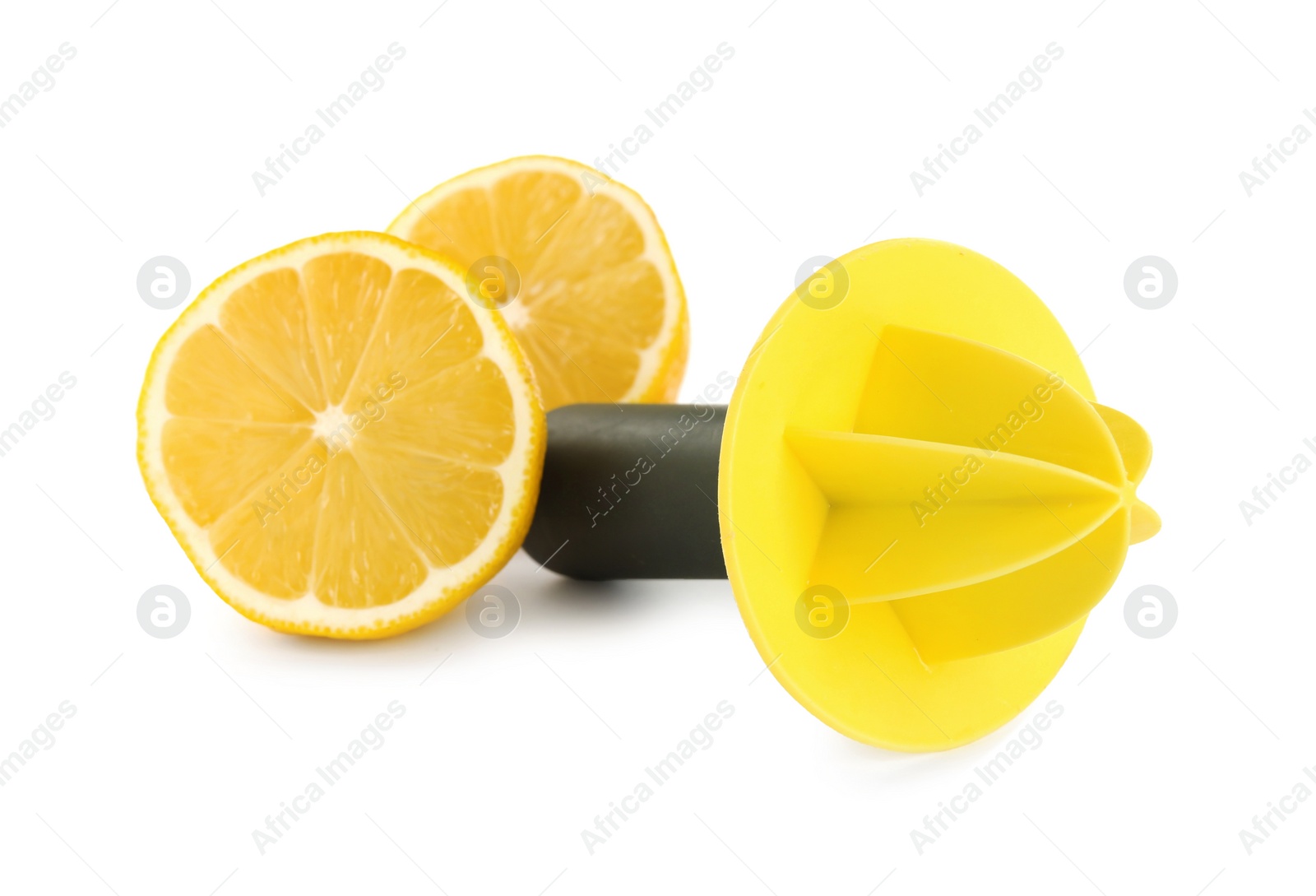 Photo of Citrus reamer and fresh lemon on white background