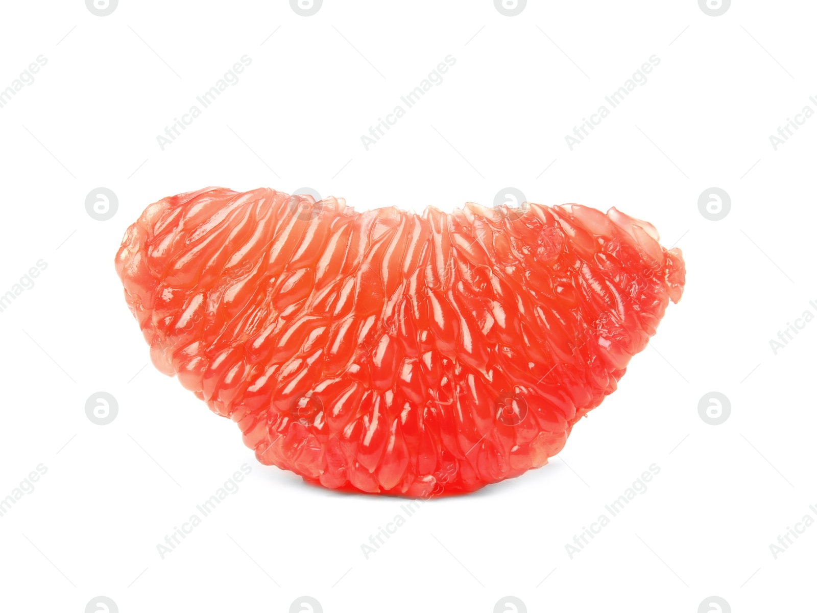 Photo of Slice of ripe juicy grapefruit on white background