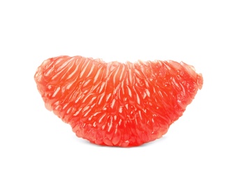 Photo of Slice of ripe juicy grapefruit on white background