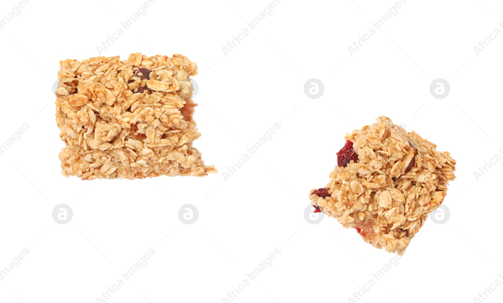 Photo of Pieces of tasty granola bar isolated on white