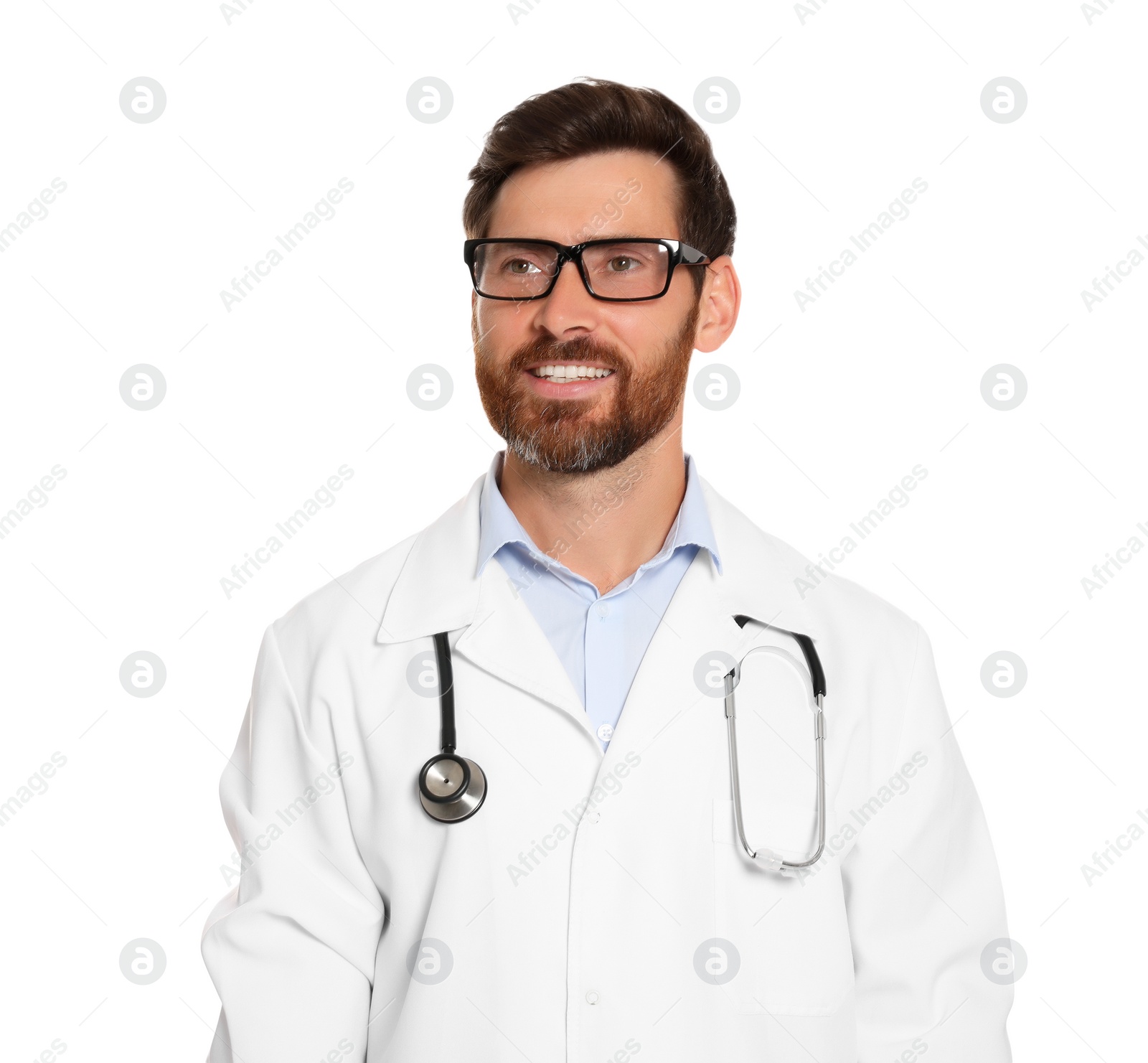 Photo of Portrait of doctor with stethoscope on white background