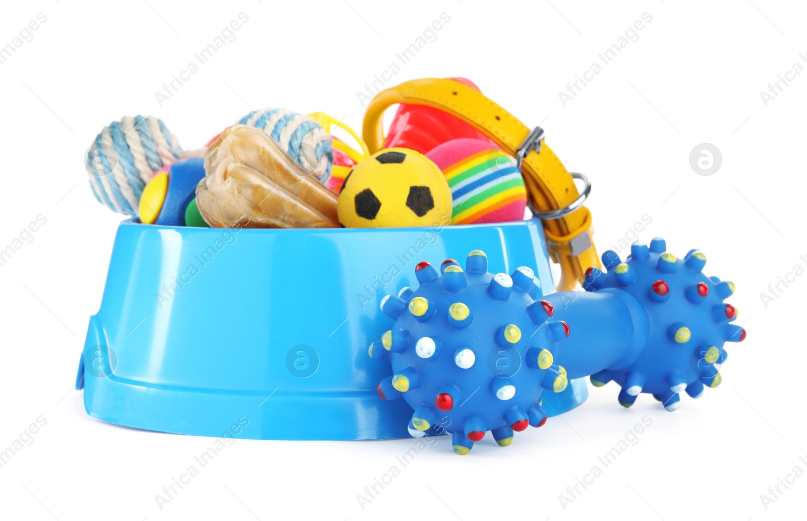 Photo of Different pet toys and accessories isolated on white