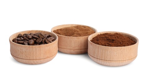 Bowls of beans, instant and ground coffee on white background